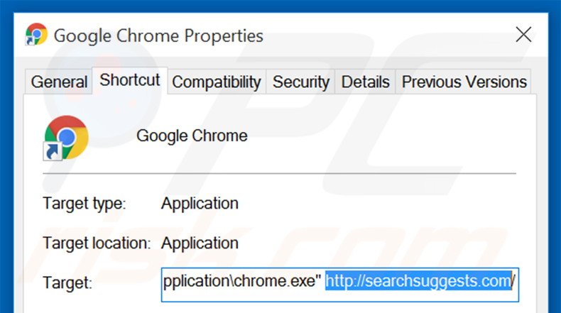 Removing searchsuggests.com from Google Chrome shortcut target step 2