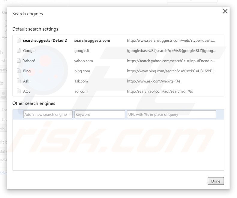 Removing searchsuggests.com from Google Chrome default search engine