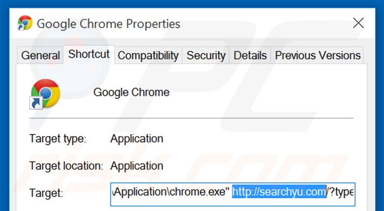 Removing searchyu.com from Google Chrome shortcut target step 2