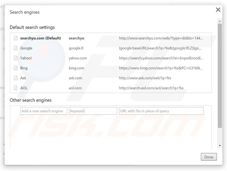 Removing searchyu.com from Google Chrome default search engine