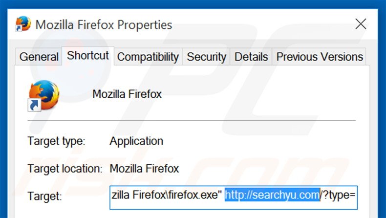 Removing searchyu.com from Mozilla Firefox shortcut target step 2