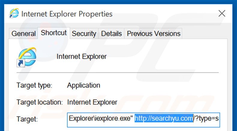 Removing searchyu.com from Internet Explorer shortcut target step 2
