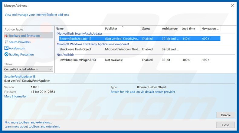 Removing SecurityPatchUpdater ads from Internet Explorer step 2