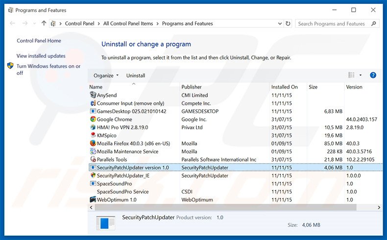 SecurityPatchUpdater adware uninstall via Control Panel