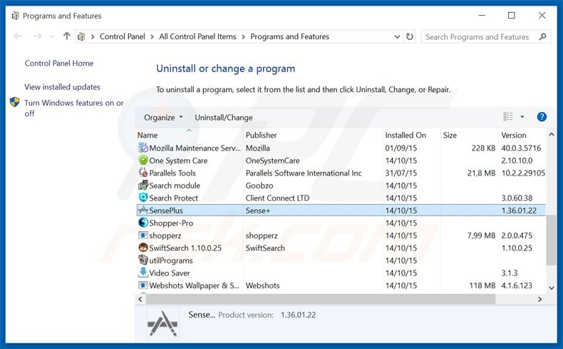 senseplus adware uninstall via Control Panel