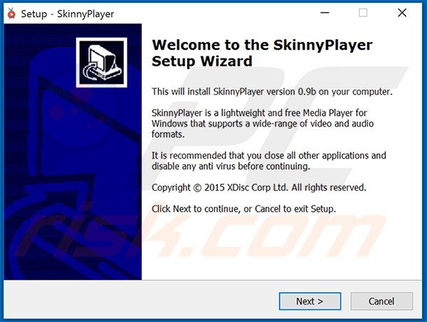 Official SkinnyPlayer adware installation setup