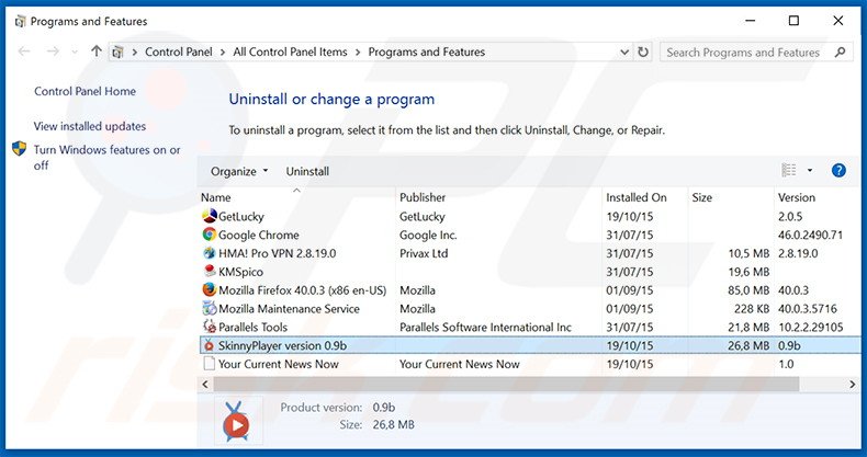 SkinnyPlayer adware uninstall via Control Panel