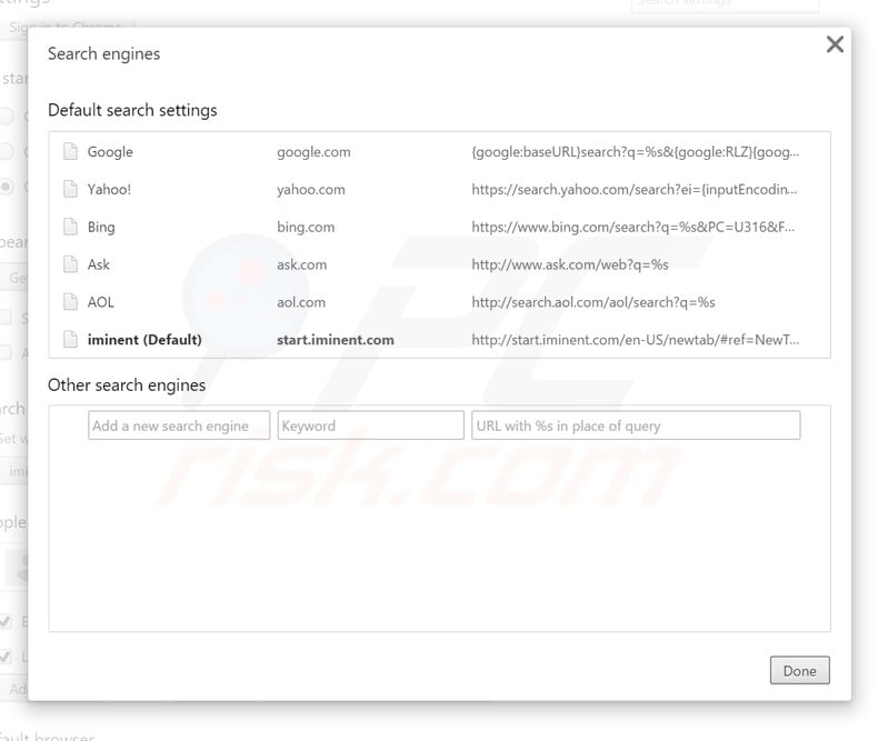 Removing start.iminent.com from Google Chrome default search engine