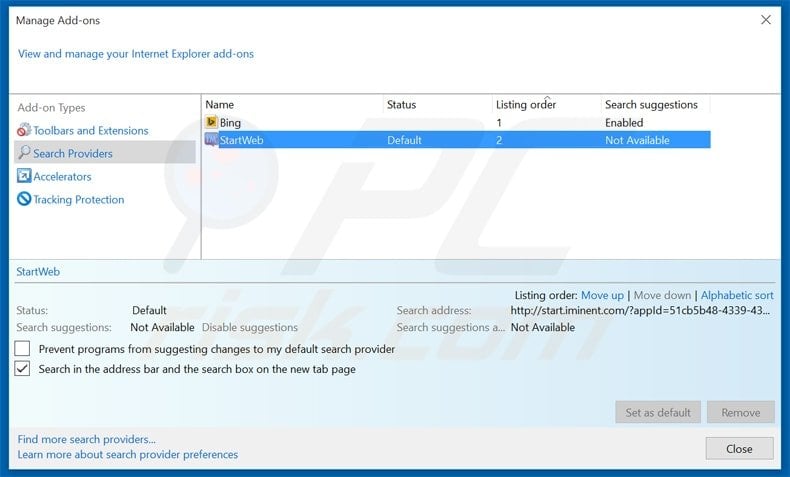 Removing start.iminent.com from Internet Explorer default search engine