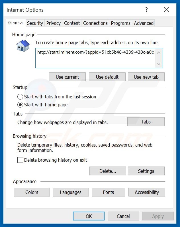 Removing start.iminent.com from Internet Explorer homepage