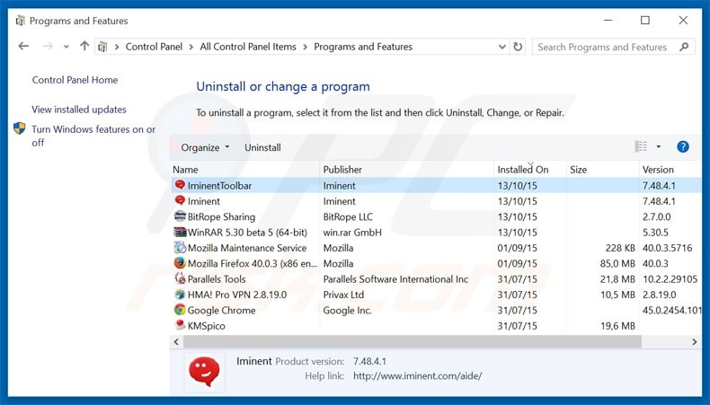 start.iminent.com browser hijacker uninstall via Control Panel