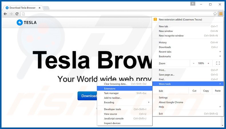 Removing Tesla Browser  ads from Google Chrome step 1
