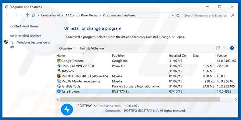 Tesla Browser adware uninstall via Control Panel