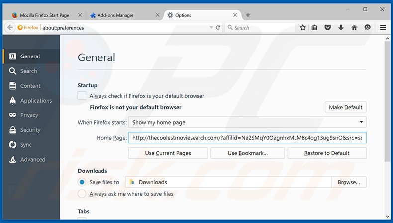 Removing thecoolestmoviesearch.com from Mozilla Firefox homepage