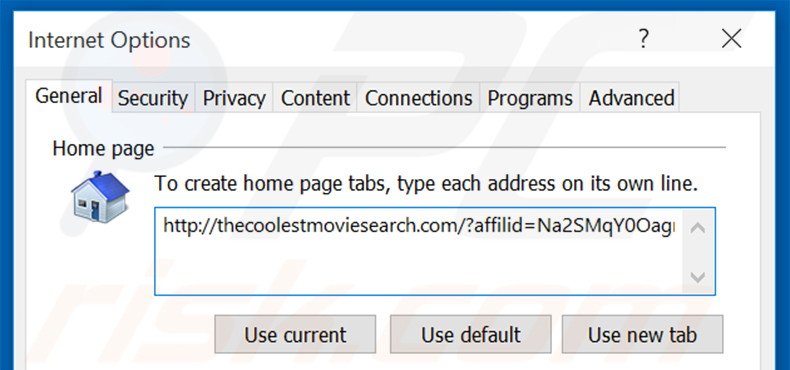 Removing thecoolestmoviesearch.com from Internet Explorer homepage