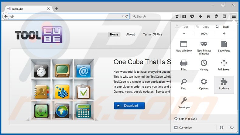 Removing toolCube ads from Mozilla Firefox step 1