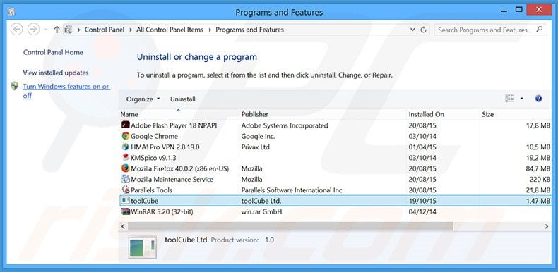 toolCube adware uninstall via Control Panel