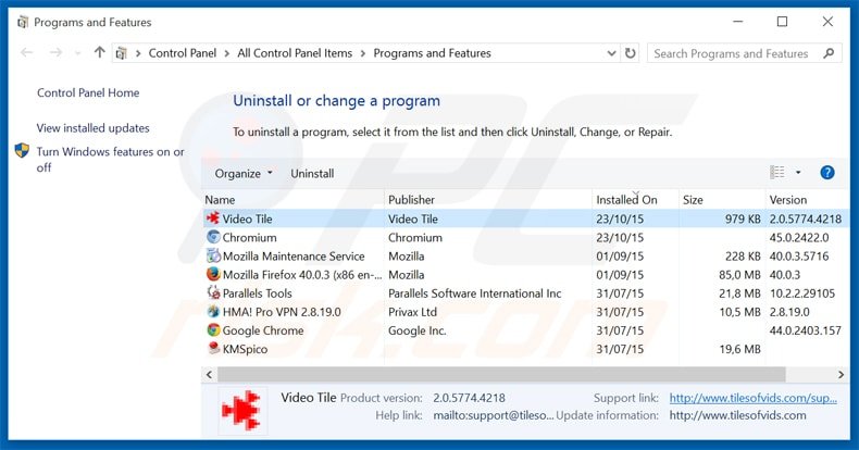 video tile adware uninstall via Control Panel