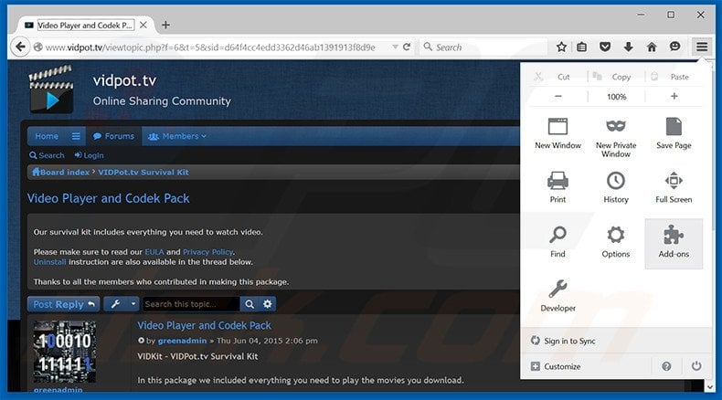 Removing VIDKit ads from Mozilla Firefox step 1