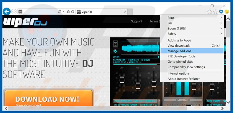 Removing ViperDJ ads from Internet Explorer step 1
