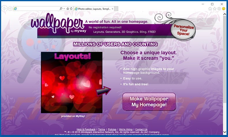 Website used to promote Wallpaper Homepage browser hijacker