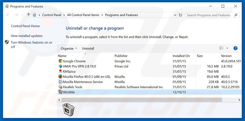 WinWiki adware uninstall via Control Panel