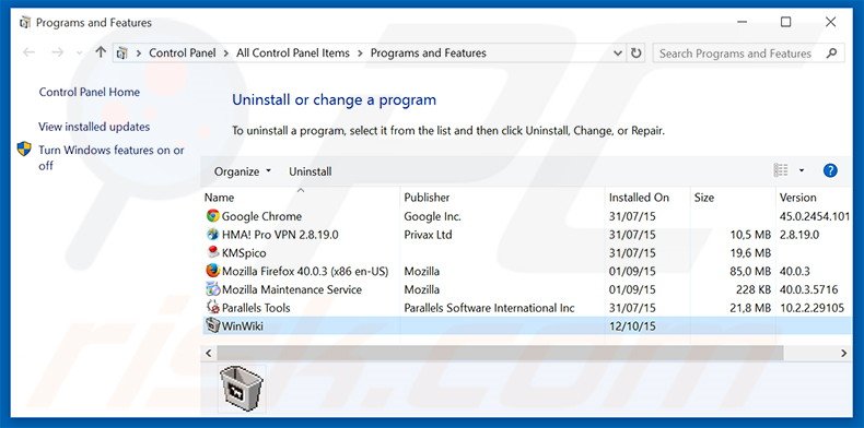 WinWiki adware uninstall via Control Panel