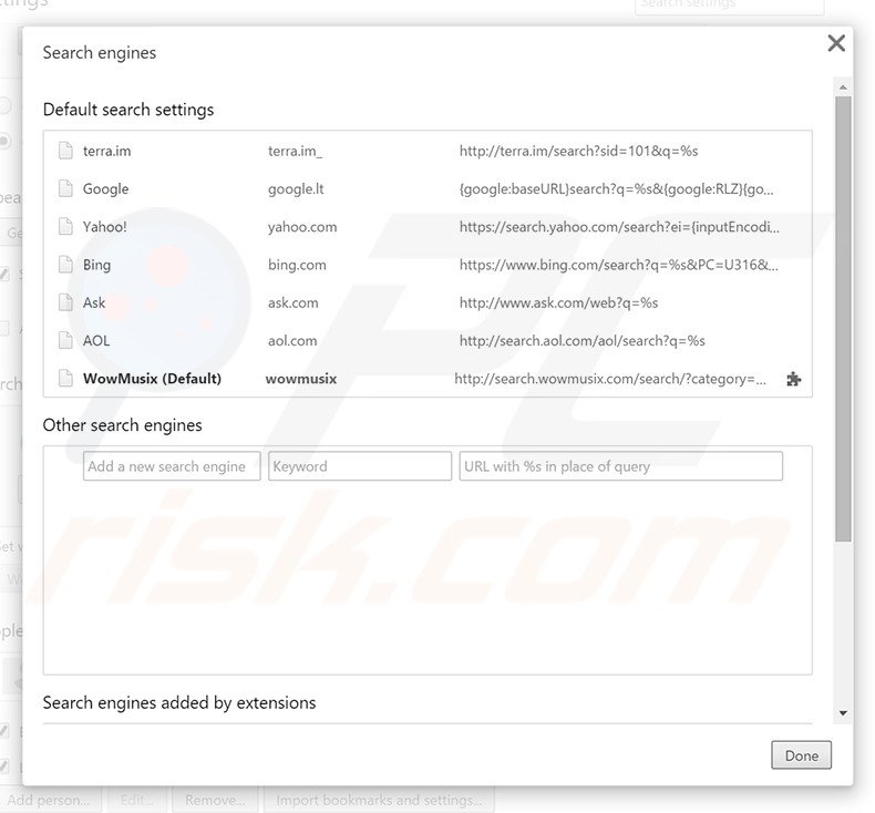 Removing search.wowmusix.com from Google Chrome default search engine