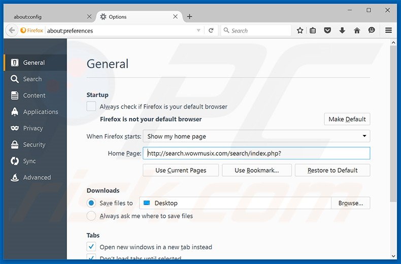 Removing search.wowmusix.com from Mozilla Firefox homepage