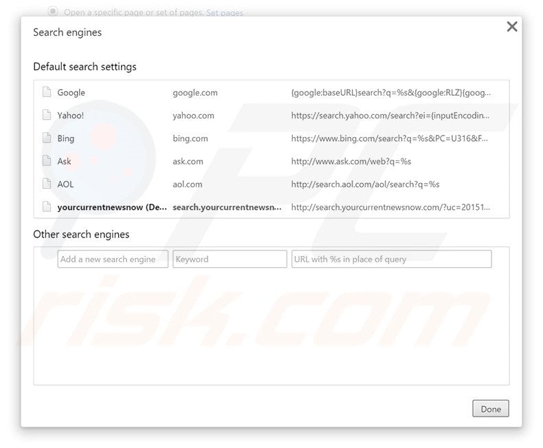 Removing search.yourcurrentnewsnow.com from Google Chrome default search engine