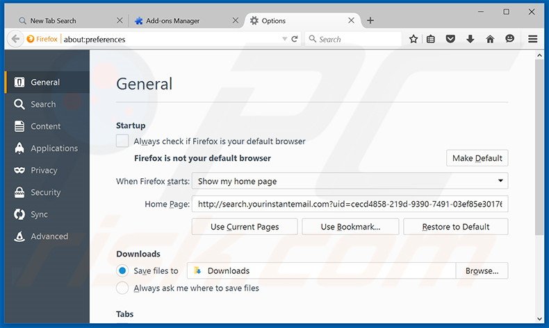 Removing search.yourinstantemail.com from Mozilla Firefox homepage