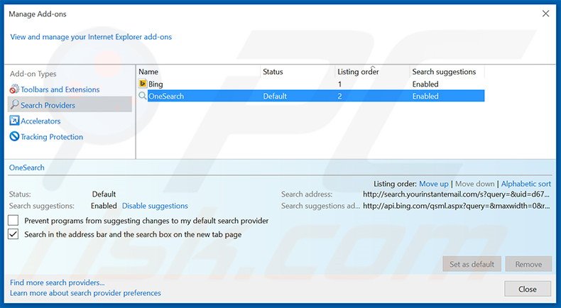 Removing search.yourinstantemail.com from Internet Explorer default search engine
