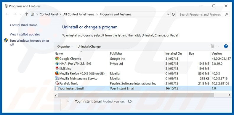 search.yourinstantemail.com browser hijacker uninstall via Control Panel