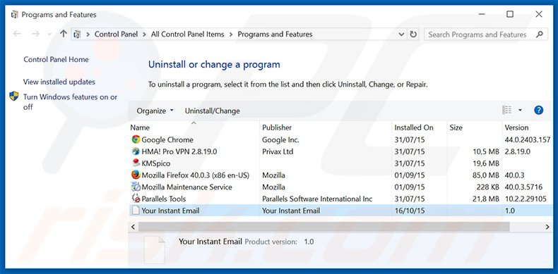 search.yourinstantemail.com browser hijacker uninstall via Control Panel