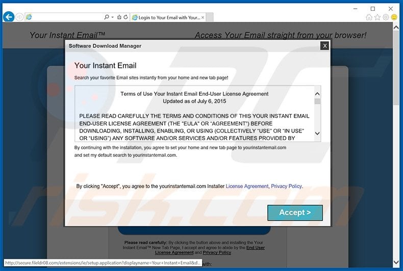 Website promoting search.yourinstantemail.com browser hijacker