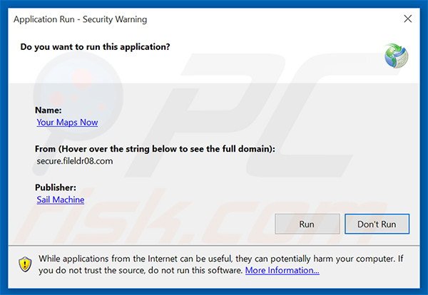 Security warning displayed when executing Your Maps Now browser hijacker
