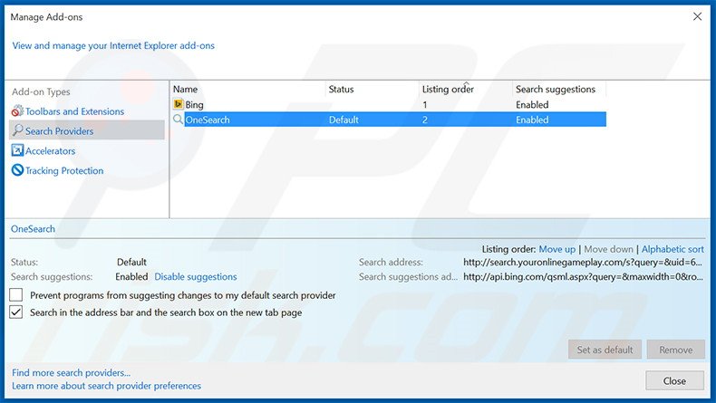 Removing search.youronlinegameplay.com from Internet Explorer default search engine