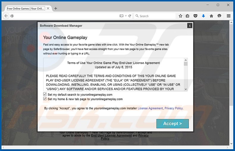 Website used to promote search.youronlinegameplay.com browser hijacker