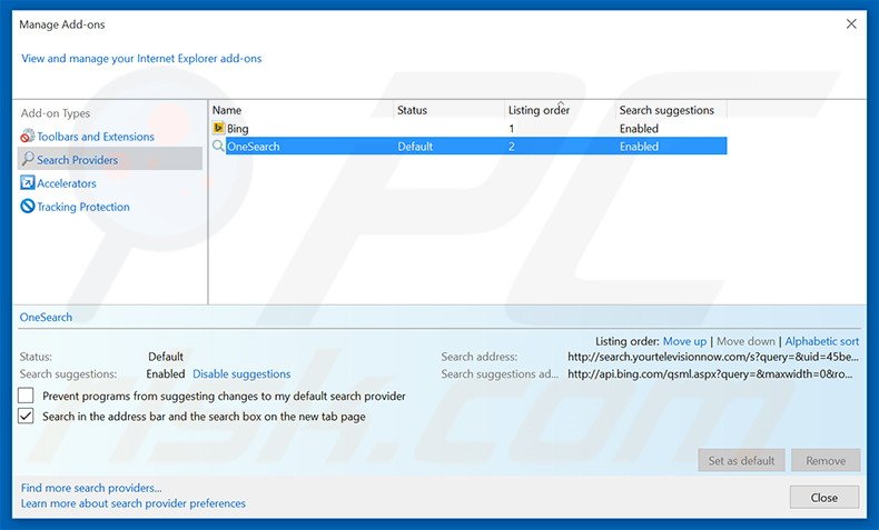 Removing search.yourtelevisionnow.com from Internet Explorer default search engine