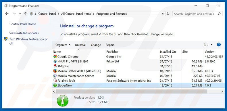 ZipperNew adware uninstall via Control Panel
