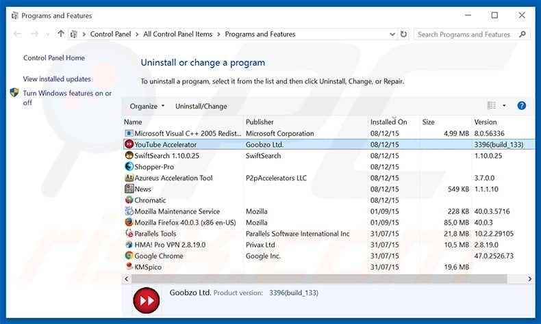 Sense adware uninstall via Control Panel