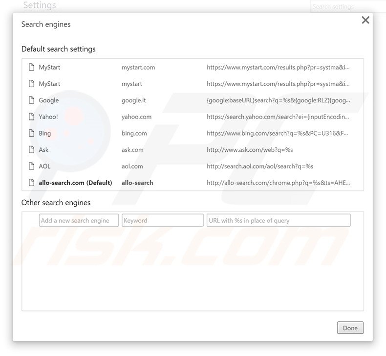 Removing allo-search.com from Google Chrome default search engine