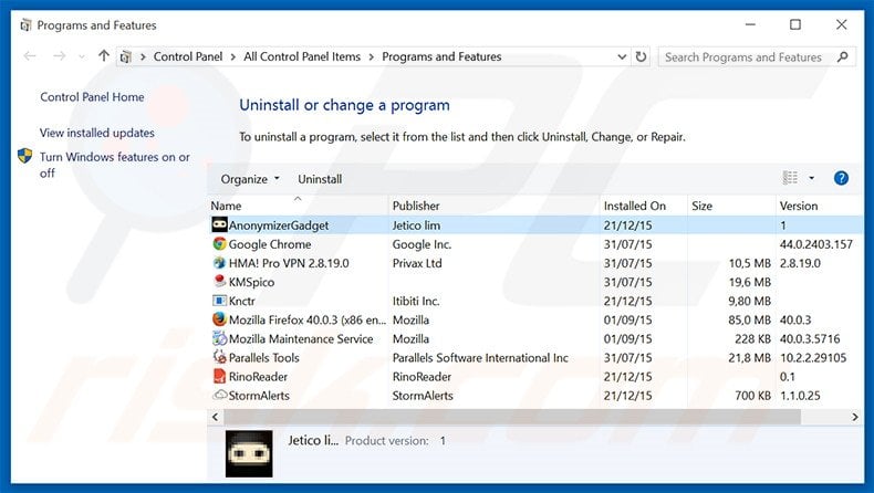 AnonymizerGadget adware uninstall via Control Panel