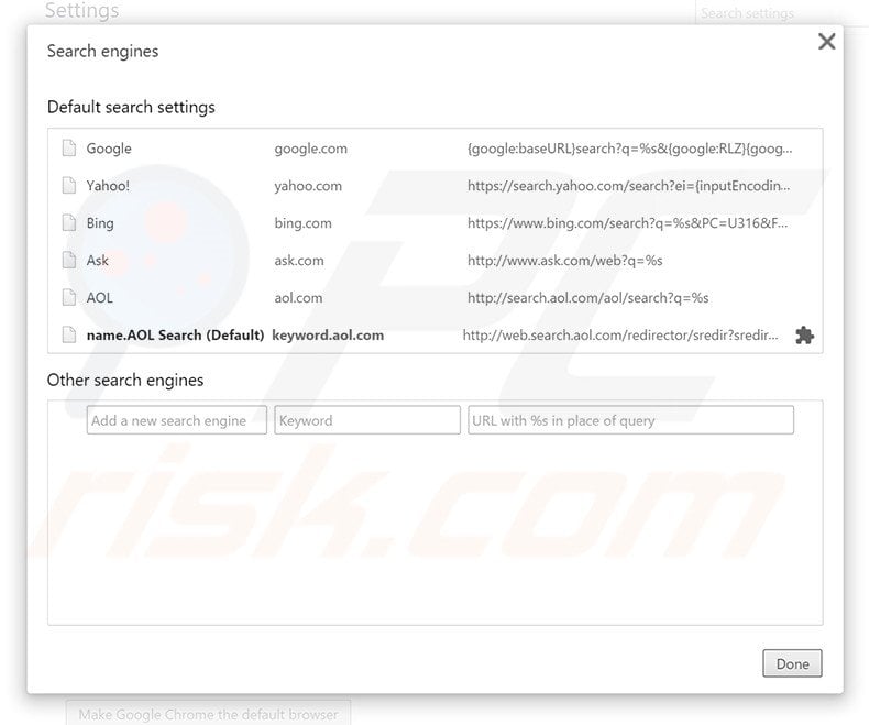 Removing search.aol.com from Google Chrome default search engine