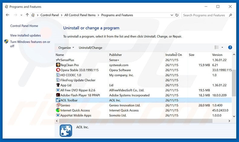 search.aol.com browser hijacker uninstall via Control Panel