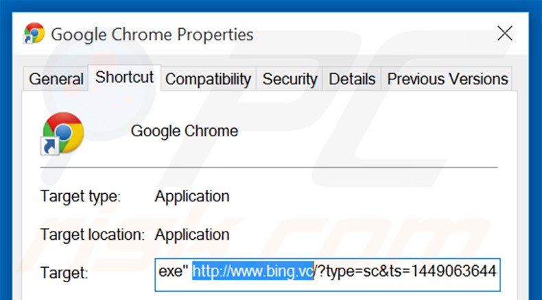 Removing bing.vc from Google Chrome shortcut target step 2