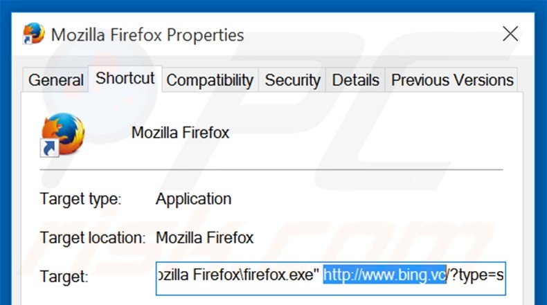 Removing bing.vc from Mozilla Firefox shortcut target step 2