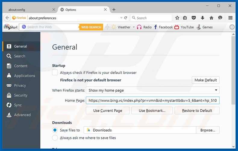 Removing bing.vc from Mozilla Firefox homepage