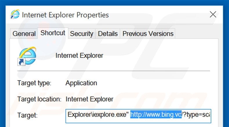 Removing bing.vc from Internet Explorer shortcut target step 2