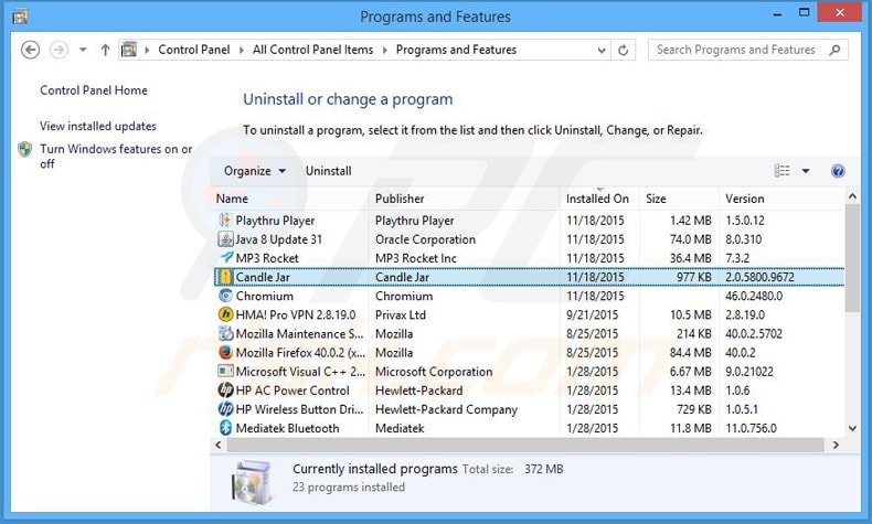 candle jar adware uninstall via Control Panel